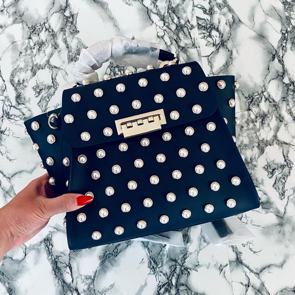 NWT ZAC Zac Posen Eartha Pearl Studded Convertible Bag in Navy - Picture 2 of 7